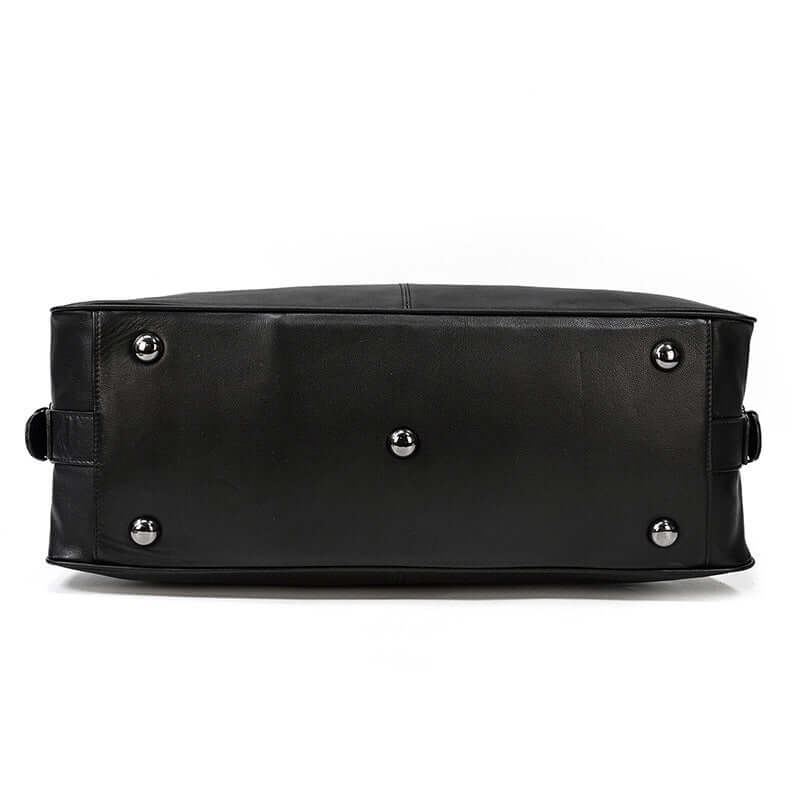 Black leather holdall base view with metal studs, combining style and durability for everyday use.