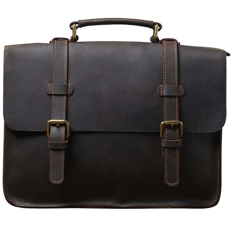 Leather courier bag in dark brown with adjustable straps and a sturdy handle, perfect for travel or everyday use.
