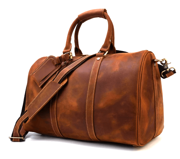 Leather duffle bag in rich brown with durable straps, perfect for travel or gym use, showcasing exquisite craftsmanship.