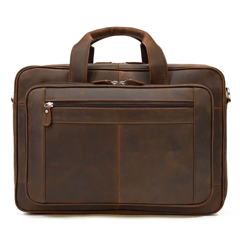 Travel Messenger Bag Santorini in brown leather with top handles and front zip pocket for convenient storage.