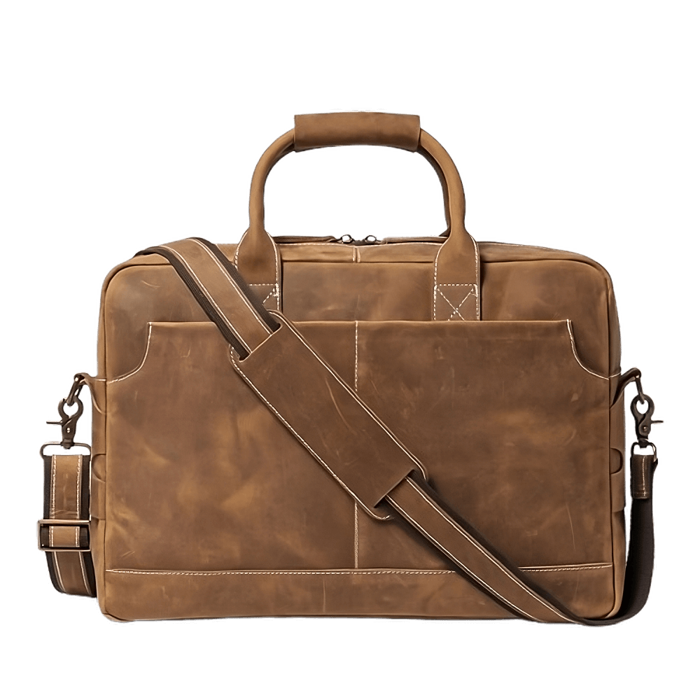 Vintage leather messenger bag with shoulder strap, perfect for travel and daily use.